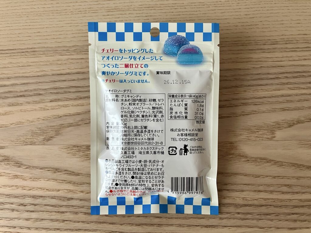 アオイロソーダグミのパッケージ裏面