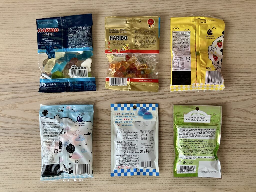 カルディで買えるグミ6種類のパッケージ裏面
