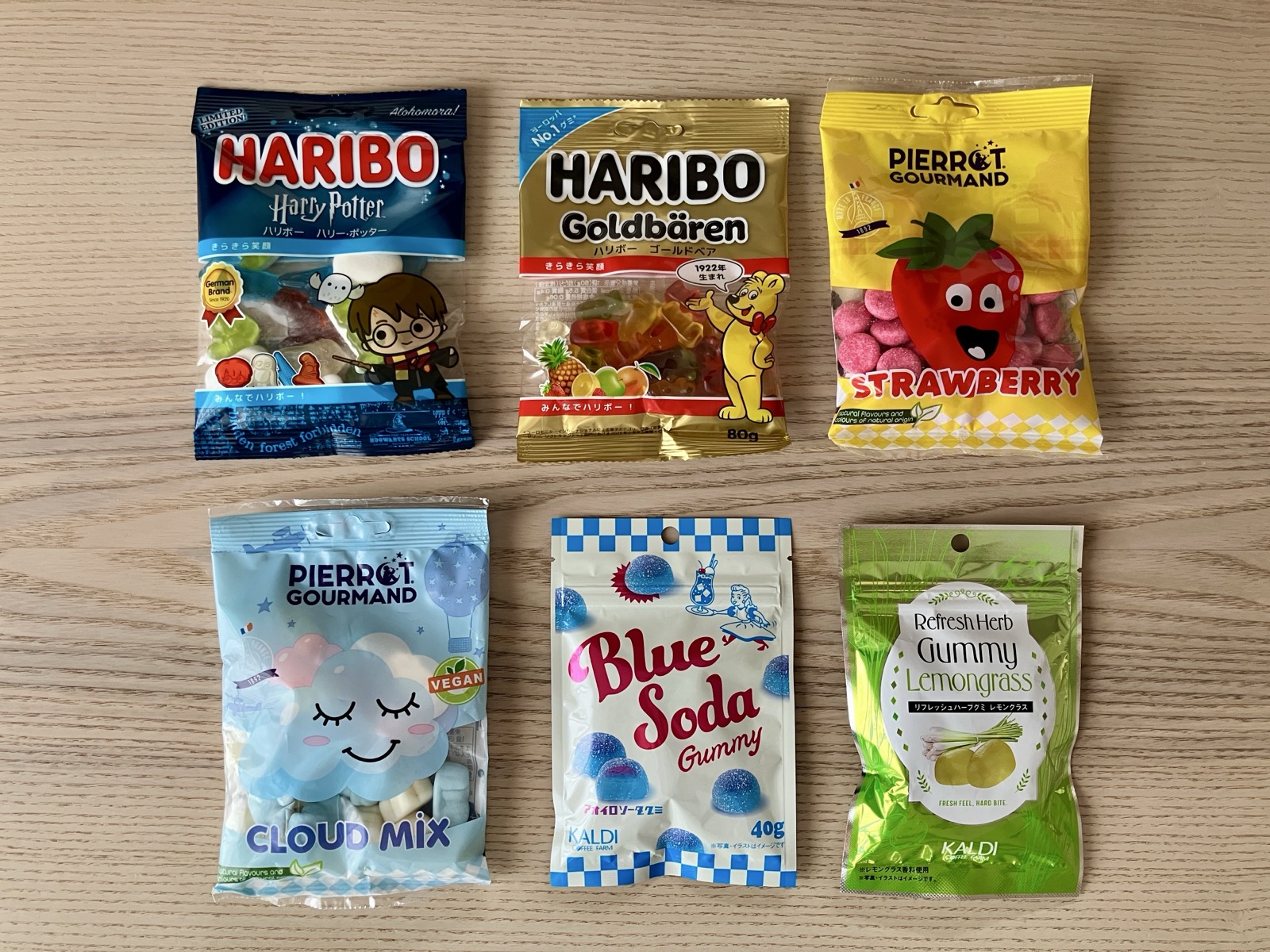 カルディで買えるグミ6種類のパッケージ表面